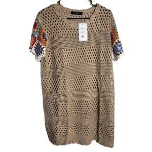 NWT OUKODS Women's Tan Crochet Knit Short‑Sleeve Dress Size M Boho‎